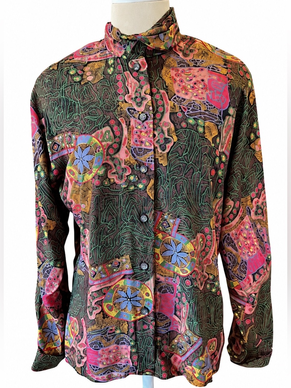 Vintage 80s Cole & Company Rayon Abstract Print Ruffle Blouse USA Size 8